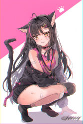 Rule 34 | 1girl, absurdres, animal ear fluff, animal ears, asymmetrical legwear, bandaid, bandaid on face, bandaid on knee, bandaid on leg, bandaid on shoulder, bare shoulders, black choker, black hair, black jacket, black thighhighs, blush, bow, brown eyes, cat ears, cat girl, cat tail, chocho (homelessfox), choker, closed mouth, collarbone, fang, fang out, fish bone, frown, full body, hair ornament, hairclip, heart, highres, huge filesize, jacket, long hair, long sleeves, looking at viewer, mismatched legwear, multicolored hair, nail polish, off shoulder, open clothes, open jacket, original, pink bow, pink hair, pink nails, pink shirt, shirt, single thighhigh, skin fang, socks, squatting, streaked hair, tail, thighhighs, two-tone background, two-tone hair, very long hair, wilted ahoge