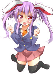 Rule 34 | 1girl, absurdres, alternate hairstyle, animal ears, between breasts, black thighhighs, blazer, blush, breasts, flying sweatdrops, highres, jacket, kuzumomo, purple hair, rabbit ears, red eyes, reisen udongein inaba, solo, thighhighs, touhou, twintails, wavy mouth