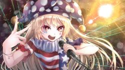Rule 34 | + +, 1girl, absurdres, american flag print, american flag shirt, arm up, bad id, bad pixiv id, blonde hair, blurry, bokeh, bracelet, clownpiece, commentary request, dai (yamii), depth of field, facial tattoo, fingernails, hand gesture, hat, highres, holding, holding microphone, jester cap, jewelry, laser, long hair, looking at viewer, microphone, neck ruff, open mouth, polka dot headwear, print shirt, red eyes, short sleeves, solo, stage lights, standing, tattoo, teeth, touhou, upper body, upper teeth only, very long hair