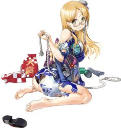 Rule 34 | 1girl, ass, blonde hair, blunt bangs, breasts, floral print, full body, green eyes, japanese clothes, kantai collection, kimono, large breasts, long hair, northampton (kancolle), official alternate costume, official art, rope, semi-rimless eyewear, torn clothes, transparent background, yukata, zeco