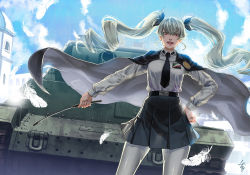 Rule 34 | 10s, 1girl, anchovy (girls und panzer), anzio school uniform, artist name, backlighting, belt, black belt, black cape, black necktie, black ribbon, black skirt, blue sky, building, cape, carro armato p40, cloud, cloudy sky, commentary, day, dress shirt, drill hair, dutch angle, emblem, feathers, girls und panzer, green hair, hair ribbon, hand on own hip, holding, kws, long hair, long sleeves, looking at viewer, military, military vehicle, miniskirt, motor vehicle, necktie, open mouth, outdoors, pantyhose, pleated skirt, red eyes, ribbon, riding crop, school uniform, shirt, signature, skirt, sky, smile, solo, standing, tank, twin drills, twintails, white pantyhose, white shirt, window