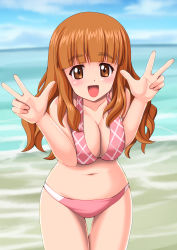 Rule 34 | 10s, 1girl, beach, bikini, breasts, breasts squeezed together, brown eyes, brown hair, cleavage, day, double v, girls und panzer, highres, large breasts, leaning forward, long hair, looking at viewer, navel, open mouth, pink bikini, smile, solo, standing, swimsuit, t k, takebe saori, v