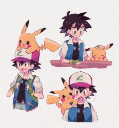 Rule 34 | 1boy, :o, animal, animal on head, ash ketchum, backpack, bag, baseball cap, belt, black eyes, black hair, black shirt, blue jacket, blue pants, blush stickers, bright pupils, closed eyes, creatures (company), cropped torso, denim, elbow on table, fingerless gloves, game freak, gen 1 pokemon, gloves, green bag, green gloves, grey background, hands on own cheeks, hands on own face, hands up, happy, hat, highres, jacket, jeans, looking up, male focus, mgomurainu, multicolored clothes, multicolored headwear, multiple views, nintendo, on head, on shoulder, open clothes, open jacket, open mouth, pants, petting, pikachu, pokemon, pokemon (anime), pokemon (classic anime), pokemon (creature), pokemon on head, pokemon on shoulder, shirt, simple background, smile, spiked hair, table, upper body