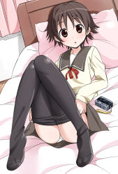 Rule 34 | 10s, 1girl, :o, bed, black pantyhose, blush, brown eyes, brown hair, camera, clothes pull, curtains, dutch angle, feet, full body, highres, legs, long legs, long sleeves, looking at viewer, lying, mousou (mousou temporary), no shoes, on back, on bed, open mouth, panties, pantyhose, pantyhose pull, pillow, ribbon, sawatari fuu, school uniform, serafuku, short hair, solo, tamayura, thighs, underwear, undressing, white panties, white pantyhose