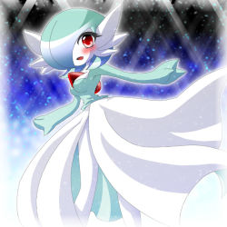 Rule 34 | 1girl, arms up, blush, breasts, creatures (company), female focus, game freak, gardevoir, gen 3 pokemon, green hair, hair over one eye, legs apart, looking at viewer, medium breasts, nintendo, open mouth, outstretched arms, pokemon, pokemon (creature), pokemon rse, red eyes, shiratsuki (royal moon), short hair, smile, solo, standing