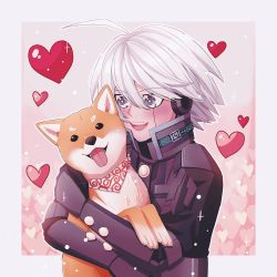 Rule 34 | 1boy, :d, ahoge, android, black gloves, black jacket, blush, border, cheer (cheerpuppy14), commentary, danganronpa (series), danganronpa v3: killing harmony, dog, english commentary, gloves, grey hair, happy, heart, highres, holding, jacket, k1-b0, looking at animal, male focus, medium hair, open mouth, pink background, scarf, shiba inu, smile, teeth, tongue, tongue out, upper body, upper teeth only, white border