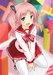 Rule 34 | 1girl, blush, fang, looking at viewer, maaryan (to heart), one side up, open mouth, own hands together, pink hair, pleated skirt, school uniform, seiza, serafuku, sitting, skirt, solo, to heart (series), to heart 2