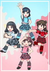 Rule 34 | 4girls, arm behind back, arm up, black eyes, black footwear, black hair, black headwear, blue eyes, blue hair, blue legwear, blue shirt, blue skirt, blunt bangs, brown eyes, brown hair, character name, clothes writing, collared shirt, commentary request, copyright request, double bun, falling, food, hair bun, hand on own hip, hand up, hat, highres, ice cream, ice cream cone, idol, leg up, leg warmers, long hair, looking at viewer, looking to the side, midriff, multiple girls, nobile1031, open mouth, pink eyes, pink shirt, pink skirt, ponytail, puffy short sleeves, puffy sleeves, real life, red legwear, red shirt, red skirt, shirt, shoes, short hair, short sleeves, skirt, sleeveless, smile, w