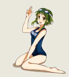 Rule 34 | 1girl, :d, arm up, bad id, bad pixiv id, barefoot, character name, full body, goggles, goggles on head, green eyes, green hair, grey background, gumi, kneeling, looking at viewer, matching hair/eyes, one-piece swimsuit, open mouth, school swimsuit, short hair, short hair with long locks, simple background, sitting, smile, solo, swimsuit, tomoyami, vocaloid, wariza