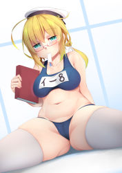 Rule 34 | 1girl, adapted costume, bad id, bad pixiv id, bikini, blonde hair, blue bikini, blue eyes, book, breasts, cameltoe, glasses, hat, holding, holding book, i-8 (kancolle), kantai collection, large breasts, low twintails, mouth hold, name tag, navel, ne an ito, red-framed eyewear, sailor hat, semi-rimless eyewear, sitting, solo, spread legs, swimsuit, thighhighs, twintails, under-rim eyewear, white hat, white thighhighs