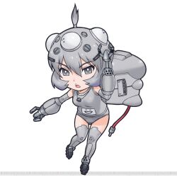Rule 34 | 1girl, ghost in the shell, green hair, grey eyes, highres, kemono friends, looking at viewer, official art, short hair, solo, tachi-e, tachikoma type-c (kemono friends), weapon, yoshizaki mine