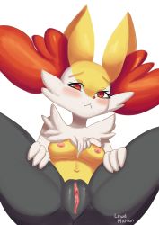 Rule 34 | 1girl, :&lt;, animal ear fluff, animal ears, artist name, blush, braixen, breasts, clitoral hood, closed mouth, creatures (company), embarrassed, female focus, fox ears, furry, furry female, game freak, gen 6 pokemon, highres, jpeg artifacts, looking at viewer, medium breasts, mezmaroon, navel, nintendo, nipples, pokemon, pokemon (creature), presenting, pussy, red eyes, signature, simple background, sitting, solo, spread legs, uncensored, white background