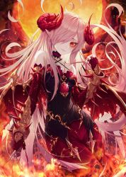 Rule 34 | 1girl, absurdres, bad id, bad twitter id, black skirt, blush, breasts, cleavage, closed mouth, collarbone, demon girl, expressionless, fingernails, fire, hair over one eye, highres, horns, long fingernails, long hair, looking at viewer, medium breasts, nail polish, okazu (eightstudio), original, pink hair, pointy ears, red eyes, red nails, skirt, solo, twintails, very long hair