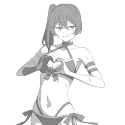 Rule 34 | 1girl, adapted costume, aoi suzu, arm strap, bare shoulders, bikini, breasts, choker, commentary request, cowboy shot, gloves, greyscale, hands up, heart, heart hands, jitome, long hair, looking at viewer, medium breasts, monochrome, navel, o-ring, o-ring choker, parted lips, side-tie bikini bottom, side ponytail, simple background, single glove, solo, sousou no frieren, swimsuit, ubel (sousou no frieren), white background