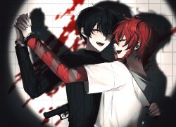 Rule 34 | 2boys, black hair, black sweater, blood on wall, closed eyes, facing another, gun, haebu, highres, holding, holding gun, holding hands, holding knife, holding weapon, knife, knife behind back, maeno aki, male focus, multiple boys, open mouth, red eyes, red hair, shared handcuffs, shirt, short hair, short hair with long locks, smile, sweater, tile wall, tiles, tsugino haru, turtleneck, turtleneck sweater, weapon, white background, white shirt, yaoi, zeno (game)
