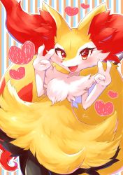 Rule 34 | 1girl, aije, animal ear fluff, animal nose, blush, body fur, braixen, commentary request, creatures (company), double v, eyelashes, fang, furry, furry female, game freak, gen 6 pokemon, happy, heart, highres, nintendo, open mouth, outline, pokemon, pokemon (creature), red eyes, smile, solo, tongue, v, white fur, yellow fur