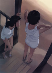 Rule 34 | 2girls, barefoot, black hair, blouse, highres, multiple girls, sandals, shirt, short hair, takamichi, white shirt