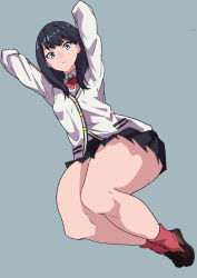 Rule 34 | 10s, 1girl, absurdres, arms up, black hair, blue eyes, breasts, cardigan, full body, gridman universe, highres, julioalqae, legs, long sleeves, looking at viewer, medium breasts, pleated skirt, red neckwear, school uniform, sitting, skirt, solo, ssss.gridman, takarada rikka, thick thighs, thighs