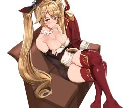 Rule 34 | 1girl, absurdres, azur lane, bare shoulders, blonde hair, blush, boots, breasts, cleavage, closed mouth, collarbone, couch, crossed arms, crossed legs, curling, detached collar, detached sleeves, epaulettes, hair between eyes, hair flaps, highres, jacket, large breasts, long hair, nelson (azur lane), on couch, panties, pantyshot, red eyes, red jacket, red thighhighs, ribbon, simple background, sitting, solo, ssamjang (misosan), thigh boots, thighhighs, twintails, underwear, unworn jacket, white background