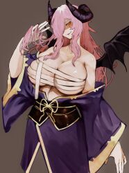 Rule 34 | 1girl, bare shoulders, bat wings, black horns, black wings, breasts, brown background, chest sarashi, cleavage, collarbone, demon girl, demon horns, demon wings, hair over one eye, hand in own hair, highres, horns, huge breasts, japanese clothes, kimono, long hair, looking at viewer, obi, off shoulder, original, pink hair, purple kimono, red eyes, sarashi, sash, simple background, smile, solo, tomatolover16, wings