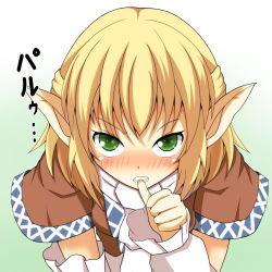 Rule 34 | 1girl, arm warmers, biting, biting own thumb, blonde hair, blush, clenched teeth, gradient background, green background, green eyes, looking at viewer, mizuhashi parsee, onaho (otayoku), pointy ears, portrait, short sleeves, simple background, solo, teeth, biting own thumb, thumb to mouth, touhou, white background