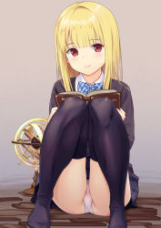 Rule 34 | 1girl, ass, black skirt, black thighhighs, blazer, blonde hair, blue bow, blush, book, bow, brown jacket, closed mouth, collared shirt, holding, holding book, jacket, long hair, n.g., no shoes, open book, original, panties, pantyshot, red eyes, school uniform, shirt, sitting, skirt, smile, solo, thighhighs, underwear, very long hair, white panties, white shirt