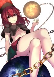 Rule 34 | 1girl, black shirt, breasts, chain, crop top, crop top overhang, crossed legs, earth (ornament), hecatia lapislazuli, janne cherry, legs, long hair, looking at viewer, miniskirt, moon (ornament), multicolored clothes, multicolored skirt, one-hour drawing challenge, red eyes, red hair, shirt, sitting, skirt, smile, smug, solo, touhou, underboob