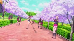 Rule 34 | 10s, 6+girls, animated, animated gif, assisted exposure, black hair, character request, cherry blossoms, cloud, kisaki mio, multiple girls, outdoors, panties, pink hair, pink panties, pleated skirt, running, school uniform, skirt, sky, standing, sword, tagme, tree, underwear, walkure romanze, weapon, wooden sword