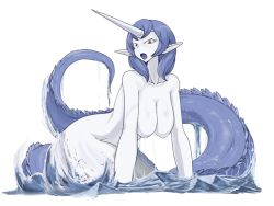 Rule 34 | blue hair, giant, giantess, horns, ikkaku (mon-musu quest!), mon-musu quest!, monster girl, pale skin, pointy ears, single horn, tagme, tail, water