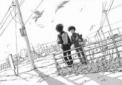 Rule 34 | 2boys, animal, bag, bird, brothers, building, collared shirt, day, dutch angle, eokonuzu, facing another, facing to the side, falling leaves, floating clothes, flower, gakuran, graduated cylinder, greyscale, kageyama ritsu, kageyama shigeo, leaf, long sleeves, looking at another, male focus, mob psycho 100, monochrome, multiple boys, outdoors, pants, plant, power lines, railing, road, school bag, school uniform, shirt, short hair, siblings, sky, standing, utility pole, wind