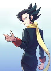 Rule 34 | 1boy, character name, commentary request, cowboy shot, creatures (company), game freak, grimsley (pokemon), highres, holding, holding poke ball, jacket, long sleeves, looking at viewer, looking back, male focus, momoji (lobolobo2010), nintendo, parted lips, poke ball, poke ball (basic), pokemon, pokemon bw, scarf, smile, solo, teeth, textless version, yellow scarf