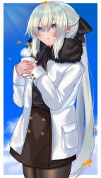 Rule 34 | akio (akio1124), black bow, black dress, blue eyes, bow, braid, coat, coffee cup, cup, disposable cup, dress, fate/grand order, fate (series), french braid, highres, holding, holding cup, morgan le fay (fate), pantyhose, ponytail, smile, solo, steam, white hair, winter clothes, winter coat