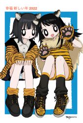 Rule 34 | 2022, 2girls, :o, absurdres, animal ears, animal hands, animal print, black footwear, black skirt, black socks, blue panties, border, bright pupils, buttons, cape, chinese zodiac, claw pose, collared shirt, commentary request, fake animal ears, full body, fur cape, gloves, hands on own knees, highres, invisible chair, jacket, leaning to the side, light blush, long hair, looking at viewer, loose socks, multiple girls, new year, open clothes, open jacket, open mouth, orange socks, original, outside border, panties, pantyshot, paw gloves, print footwear, print jacket, print shirt, print shorts, shii595, shirt, shoes, short hair, short sleeves, shorts, signature, sitting, skirt, sleeves past wrists, smile, sneakers, socks, tiger ears, tiger print, translation request, underwear, white border, white pupils, white shirt, year of the tiger
