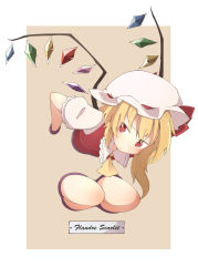 Rule 34 | 1girl, blonde hair, blush, bow, closed mouth, flandre scarlet, frilled sleeves, frills, hat, hat bow, hat ribbon, highres, jagabutter, looking at viewer, red eyes, restrained, ribbon, simple background, solo, through wall, touhou, wings