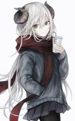 Rule 34 | 1girl, bendy straw, black pantyhose, black skirt, blue cardigan, brown scarf, cardigan, commentary request, cup, curled horns, demon horns, disposable cup, drinking straw, green eyes, grey background, hair between eyes, hasunokaeru, head tilt, holding, holding cup, horns, long hair, long sleeves, looking at viewer, original, pale skin, pantyhose, pleated skirt, scarf, simple background, skirt, solo, very long hair, white hair