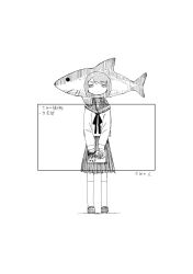 Rule 34 | 1girl, animal hat, book, expressionless, hat, highres, official art, school uniform, shark, shark girl (tsukumizu yuu), shimeji simulation, standing, tsukumizu yuu