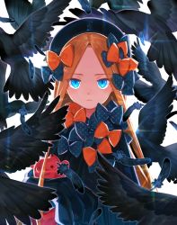 Rule 34 | 1girl, abigail williams (fate), animal, bad id, bad pixiv id, bird, black bow, black dress, black hat, blonde hair, blue eyes, bow, closed mouth, crow, dress, fate/grand order, fate (series), feathers, hair bow, hands in opposite sleeves, hat, highres, hugging object, long hair, long sleeves, looking at viewer, orange bow, parted bangs, polka dot, polka dot bow, solo, stuffed animal, stuffed toy, sunlight, teddy bear, very long hair, yai (hachihito)