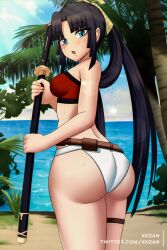 Rule 34 | 1girl, alternate costume, asian, ass, ass focus, asymmetrical hair, asymmetrical legwear, back, bare legs, bare shoulders, beach, belt, bikini, black hair, blue eyes, blue sky, blush, breasts, cloud, cloudy sky, commentary request, cowboy shot, curvy, day, fate/grand order, fate (series), from behind, hair ornament, highres, holding, holding weapon, hot, katana, legs, long hair, looking at viewer, looking back, looking down, medium breasts, ocean, open mouth, outdoors, palm leaf, palm tree, parted bangs, ponytail, public indecency, red bikini, sand, shiny skin, side ponytail, sidelocks, sky, solo, standing, sunlight, sweat, swimsuit, sword, thigh focus, thigh strap, thighlet, thighs, tree, twitter username, ushiwakamaru (fate), ushiwakamaru (fate/grand order), ushiwakamaru (swimsuit assassin) (fate), water, weapon, white bikini, white swimsuit, xkzan