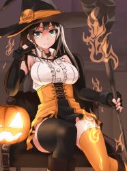 Rule 34 | 10s, 1girl, alternate costume, bare shoulders, black gloves, black hair, black thighhighs, breasts, capelet, center frills, closed mouth, commentary request, corset, fingerless gloves, frills, gloves, green eyes, halloween, halloween costume, hat, highres, holding, holding wand, idolmaster, idolmaster cinderella girls, jack-o&#039;-lantern, long hair, looking at viewer, medium breasts, off shoulder, pumpkin, shibuya rin, shunichi, sitting, solo, thighhighs, wand, witch hat, yellow thighhighs, zettai ryouiki