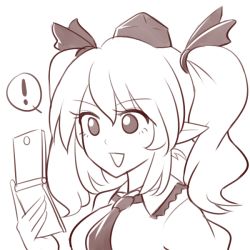 Rule 34 | !, 1girl, :d, breasts, cellphone, commentary, english commentary, frilled shirt collar, frills, hair between eyes, hair ribbon, hand up, hat, himekaidou hatate, holding, holding phone, medium breasts, monochrome, necktie, open mouth, phone, pointy ears, portrait, puffy short sleeves, puffy sleeves, ribbon, short sleeves, sidelocks, simple background, smile, solo, spoken exclamation mark, tokin hat, touhou, twintails, white background, wool (miwol)