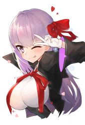 Rule 34 | 1girl, absurdres, bb (fate), black jacket, breasts, chinese commentary, closed mouth, commentary request, cropped torso, fate/grand order, fate (series), gloves, hair ribbon, heart, highres, jacket, kami otona, large breasts, long hair, neck ribbon, one eye closed, purple eyes, purple hair, red ribbon, ribbon, shirt, simple background, smile, solo, upper body, v, white background, white gloves, white shirt