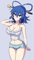 Rule 34 | 1girl, alternate costume, aohadapeach, blue eyes, blue hair, blue shorts, breasts, chisel, clothes writing, commentary, english text, feet out of frame, grey background, hair ornament, hair rings, hair stick, hand in own hair, highres, kaku seiga, large breasts, looking at viewer, navel, shirt, short hair, shorts, simple background, solo, tank top, thighs, touhou, white shirt
