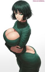Rule 34 | 1girl, ass, breasts, butt crack, cleavage, cleavage cutout, closed mouth, clothing cutout, dress, fubuki (one-punch man), gradient background, green eyes, green hair, green sweater, grey background, highres, large breasts, long sleeves, looking at viewer, one-punch man, patreon username, short hair, smile, solo, superbusty, sweater, sweater dress, turtleneck, turtleneck sweater, y shaped butt crack