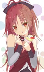 Rule 34 | 1girl, bare shoulders, black bow, bow, bubble background, commentary request, crepe, detached sleeves, dress, food, hair bow, highres, holding, holding food, long hair, mahou shoujo madoka magica, mahou shoujo madoka magica (anime), mochimugi rice, ponytail, red dress, red eyes, red hair, sakura kyoko, simple background, sleeveless, sleeveless dress, smile, solo, upper body, very long hair, white background