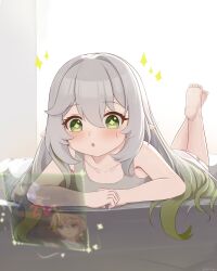 Rule 34 | 1girl, aether (genshin impact), alternate costume, alternate hairstyle, bed, bed sheet, commentary request, dress, flower-shaped pupils, furina (genshin impact), genshin impact, gradient hair, green eyes, hair between eyes, hair down, highres, long hair, looking at viewer, lying, mockingeu, multicolored hair, nahida (genshin impact), on bed, on stomach, parted lips, pointy ears, sidelocks, sleeveless, solo, sparkle, streaked hair, symbol-shaped pupils, two-tone hair, watching television, white dress, white hair
