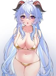 Rule 34 | 1girl, :o, absurdres, ahoge, bare shoulders, bikini, blue hair, blush, breasts, cleavage, collarbone, ganyu (genshin impact), genshin impact, gold bikini, highres, horns, large breasts, legs together, long hair, looking at viewer, navel, nemuaki, open mouth, purple eyes, shiny swimsuit, sidelocks, solo, standing, swimsuit, thighs, white background