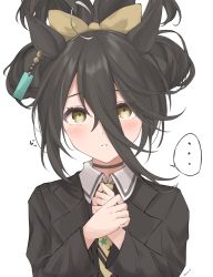 Rule 34 | ..., 1girl, ahoge, alternate hairstyle, animal ears, asno biology, black choker, black hair, black jacket, black shirt, blush, borrowed hairstyle, bow, choker, cinnamiku hairstyle, collared shirt, commentary request, earrings, eyelashes, hair between eyes, hair bow, hands up, highres, horse ears, horse girl, jacket, jewelry, lapels, long bangs, long hair, long sleeves, looking at viewer, manhattan cafe (umamusume), necktie, open clothes, open jacket, parted lips, shirt, sidelocks, single earring, solo, speech bubble, spoken ellipsis, star (symbol), star print, umamusume, updo, upper body, wing collar, yellow bow, yellow eyes, yellow necktie