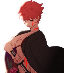 Rule 34 | 1boy, bananachoco, black cape, cape, drawing sword, emiya shirou, fate/grand order, fate (series), holding, holding sword, holding weapon, katana, limited/zero over, male focus, red hair, scar, topless male, simple background, solo, sunlight, sword, upper body, weapon, white background, yellow eyes