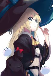 Rule 34 | 1girl, aizawa azusa, arm ribbon, blonde hair, blue bow, blue eyes, bow, commentary request, from side, hat, hat bow, highres, index finger raised, long hair, long sleeves, looking at viewer, nekonosuke, puffy sleeves, red bow, ribbon, simple background, slime (creature), slime taoshite 300 nen shiranai uchi ni level max ni nattemashita, smile, solo, striped, white background, witch, witch hat, yellow neckwear