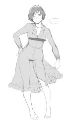 Rule 34 | ..., 1girl, blush, buttons, censored, clothes lift, collarbone, contrapposto, dress, dress lift, facing viewer, greyscale, hairband, hand on own hip, highres, kagari6496, leaning forward, looking to the side, monochrome, see-through, short hair, sketch, solo, spoken ellipsis, standing, toes, touhou, tsukumo yatsuhashi